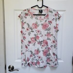 Bobeau White Pink Floral Butterfly Short Sleeve Shirt